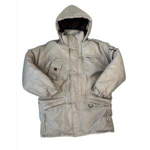 FUBU Men's Size L The Collection Beige Puffer Jacket Coat with Hood Y2K Rare